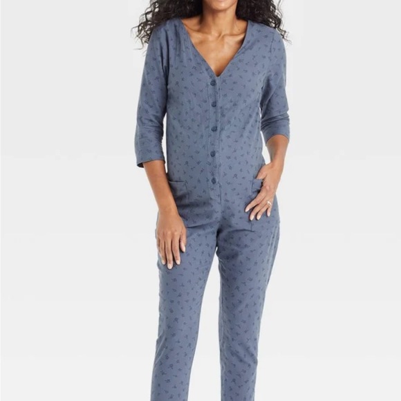 The nines by hatch maternity jumpsuit romper floral button medium large m l - Picture 1 of 5